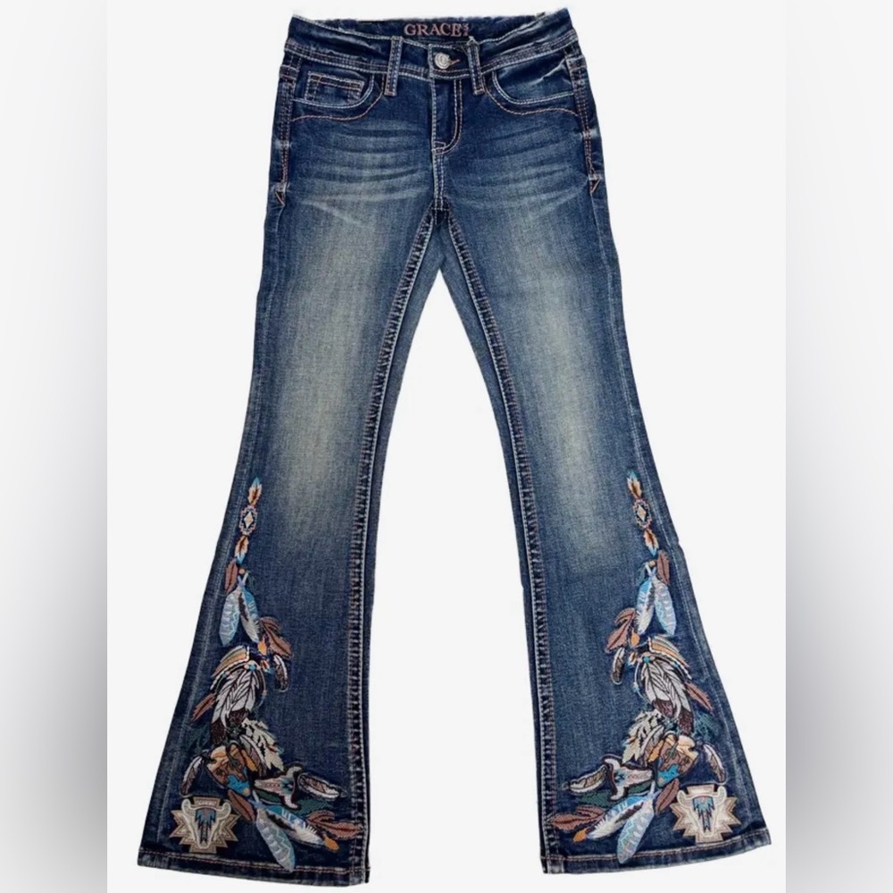 GRACE IN LA | embroidered light blue floral motif flare jeans Gigi Fit #GL-51900